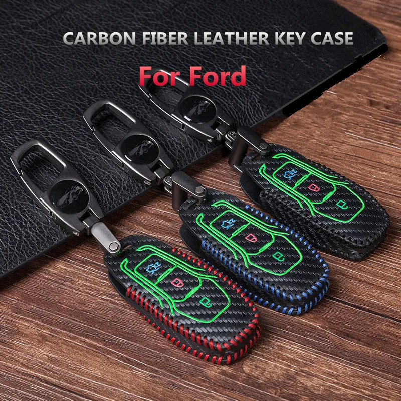 Car key case luminous Leather For Ford Mondeo Mustang C/S-Max Focus Galaxy Transit Tourneo Custom Fiesta Escort car holder | Автомобили и