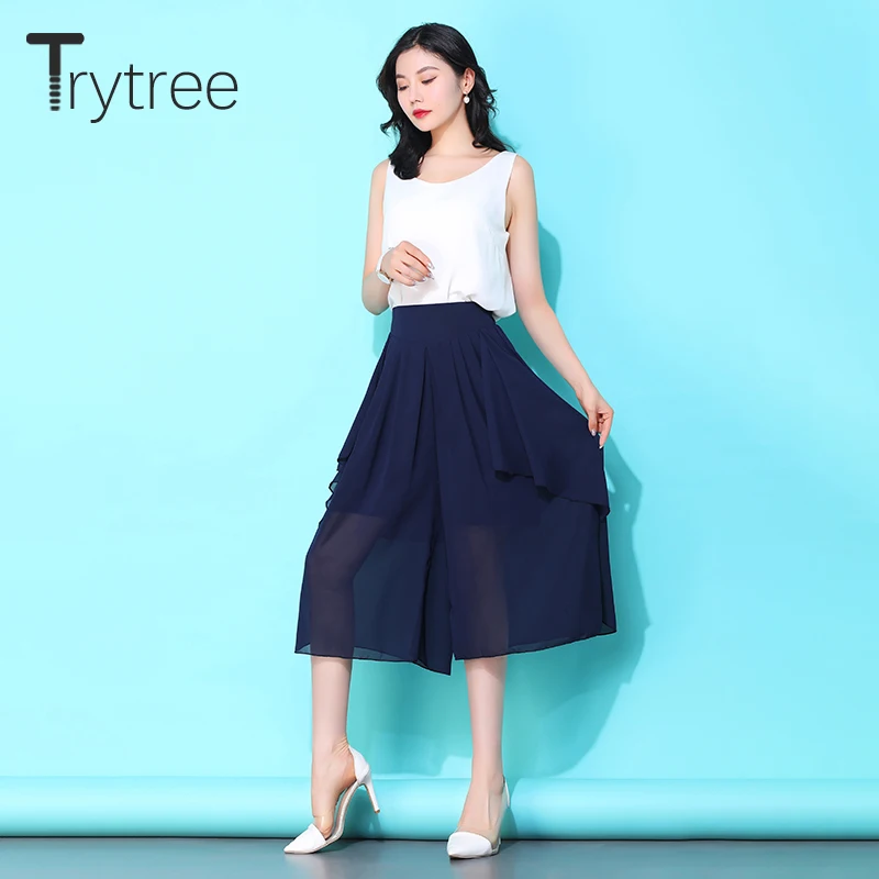 Trytree 2020 Spring Summer Women Pants Casual Elastic Waist Black Wide Leg Calf-Length Loose Fashion Thin | Женская одежда