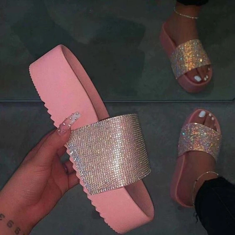 Sparkly Wild Ladies Slipper Spring Summer/women Waterproof Platform Thick Bottom Rhinestone Slippers Candy-colored Beach Sandals