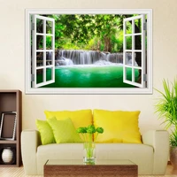 wall art decal 3d window view waterfall wall sticker vinyl decal wallpaper nature landscape for living room home decor poster