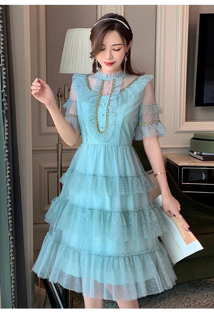 

French Dot Mesh Stitching Summer Dress for Women Elegant High Waist Slim Fit Sweet Cake Dress Fashion Fresh Midi Dresses