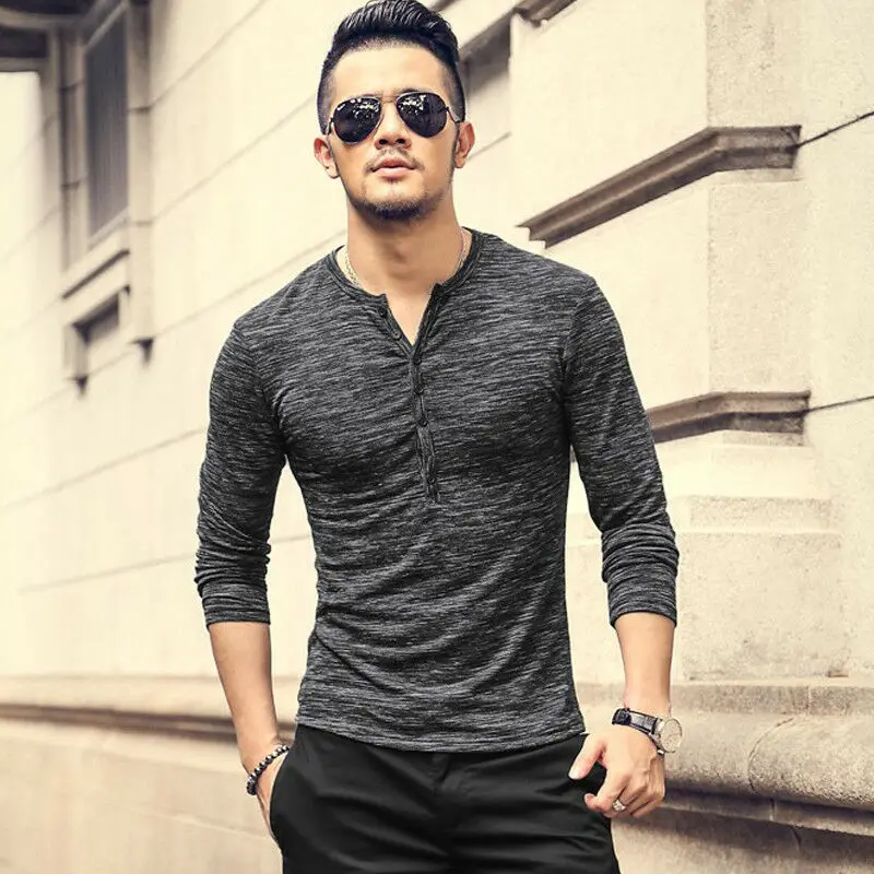 Модные Для мужчин V образным вырезом футболка с длинным рукавом на пуговицах