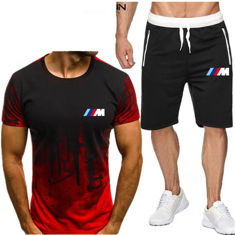 

2021 summer men's sportswear suit 3D T-shirt new gym training suit fitness running sports suit running track two-piece men