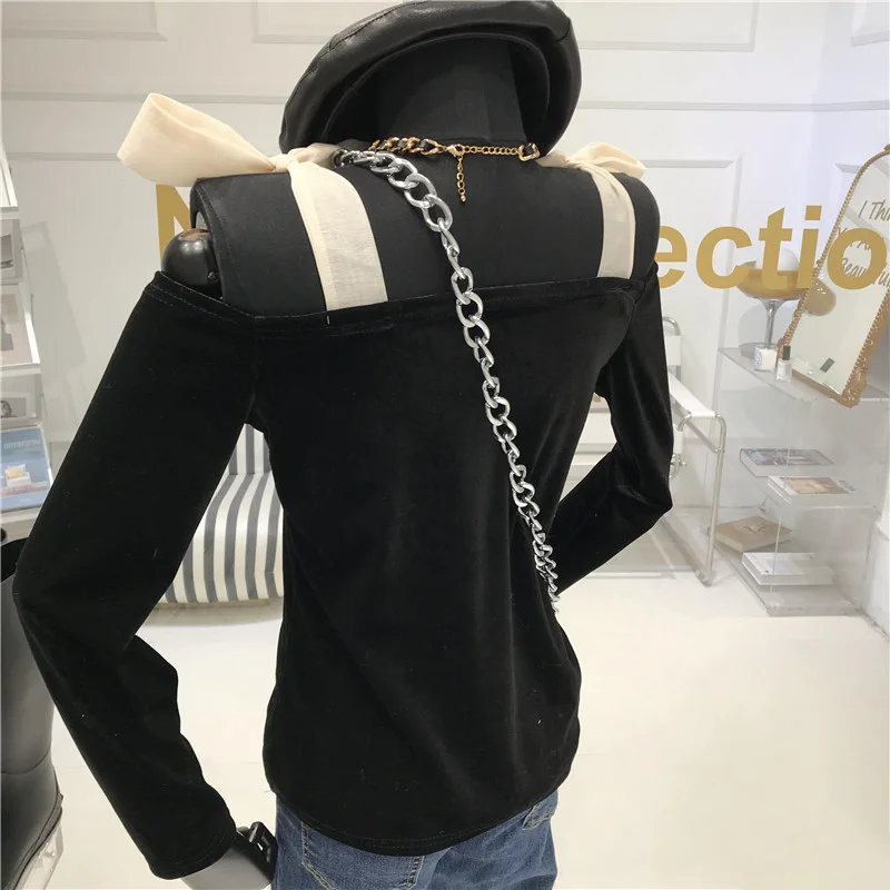 

Niche Design Boat Neck Butterfly Bandage Short Velvet Top Women's Spring 2021 New Design Black Long Sleeve Bottoming Shirt