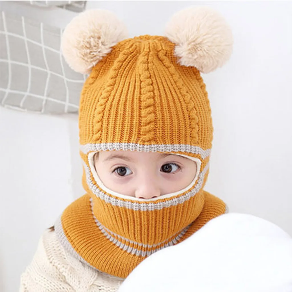 Baby Hat Scarf One-pieces Boys Girl Pompon Hats for Kids Winter Warm Knit Crochet Beanie Cap Children Caps 2-5Y | Детская одежда и
