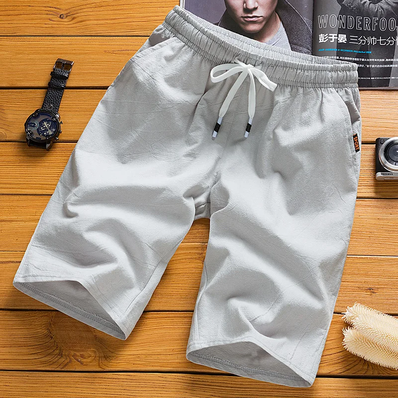 

Casual Shorts Men Elastic Waist Lace Up Loose Solid Color Knee Length Korean Style Mens Simple All-match Summer Soft Chic Male