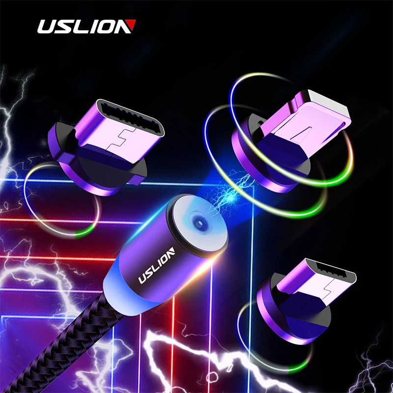 USLION Магнитный USB кабель Micro Type C для Samsung Galaxy S10 S10e iPhone XR Xs Max 8 7 6 1M 2M 2A магнитное