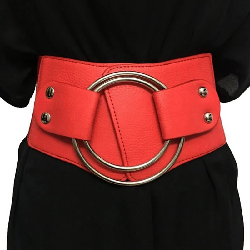 

Lady Retro Wide Waist Belts Stretchy Elastic Corset Waistband Hollow Metal Big O-ring Women's Belt For Dress Jacket