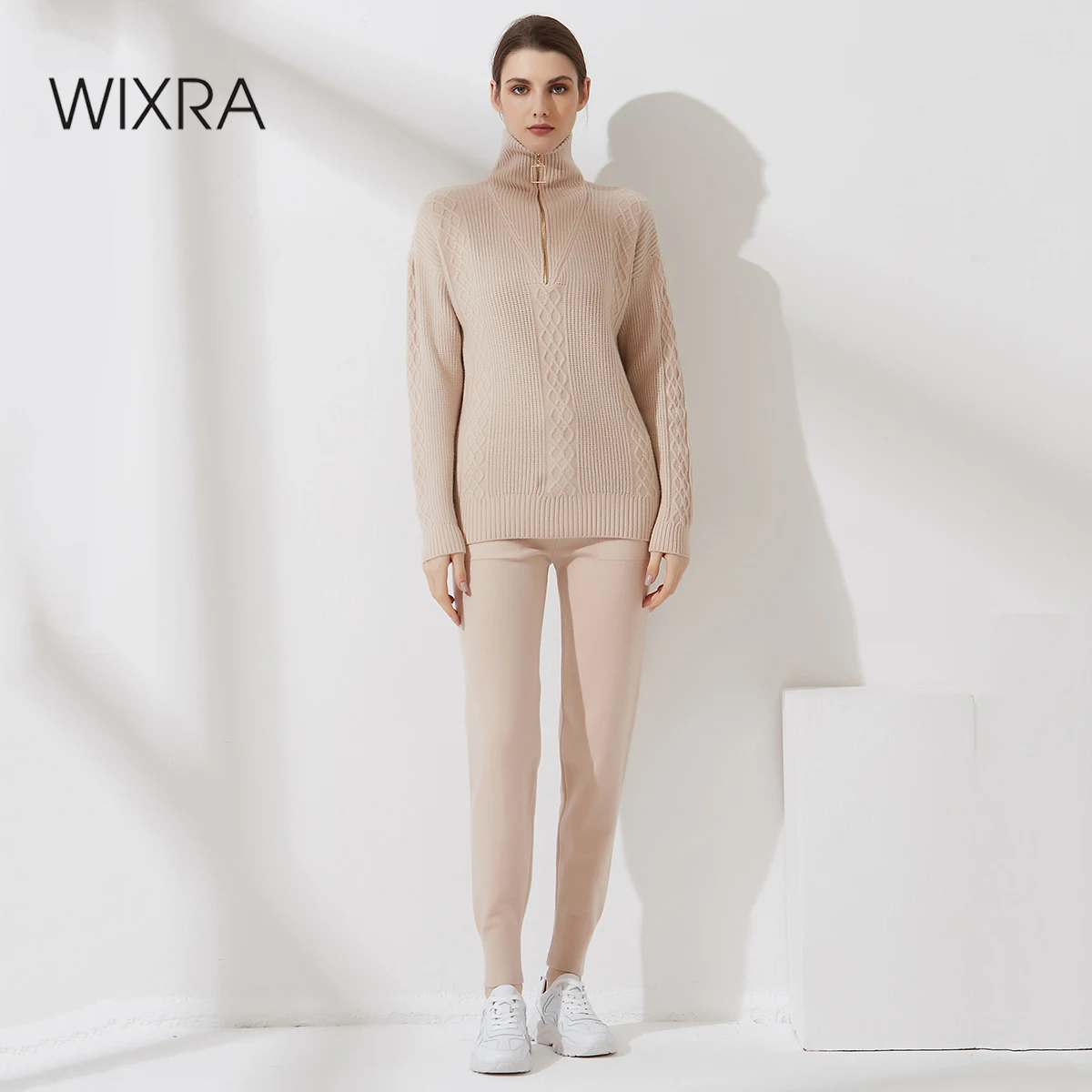 

Wixra Women Knitted Tracksuit Zipper Turtleneck Sweater + Drawstring Pockets Pencil Trousers Autumn Winter Female 2 Piece Set
