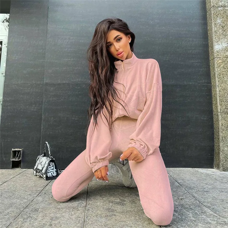 

Two Piece Set Women Party Warm Suit Stand Collar Long Sleeves Velvet Jacket High Waist Bag Hip Foot Pants Casual Suit Slim Sets