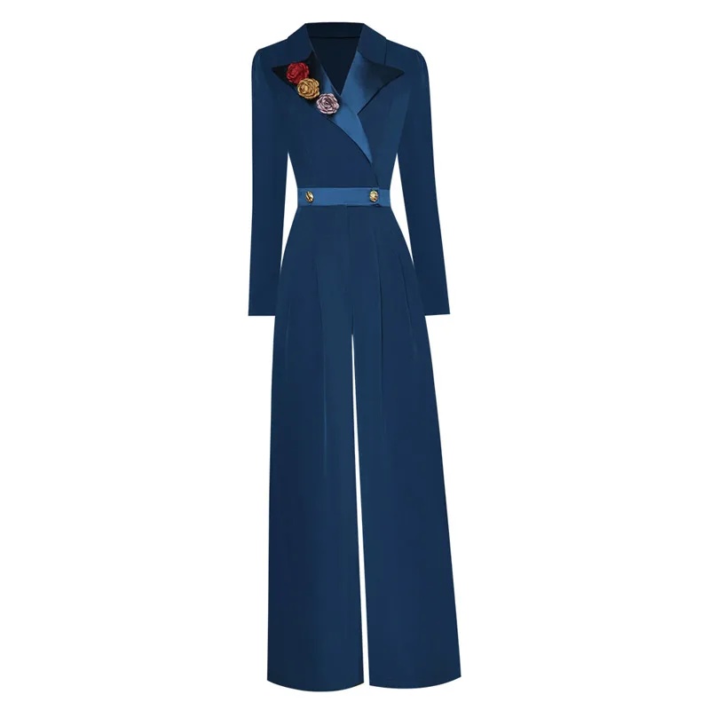 

Женский слитный комбинезон с цветочной аппликацией, брюки с длинными рукавами и отложным воротником на двух пуговицах и широкими штанинами