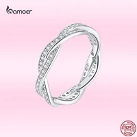 bamoer hot sale classic copper minimalist wavy ring for women shining zircon elegant formal engagement wedding jewelry gift