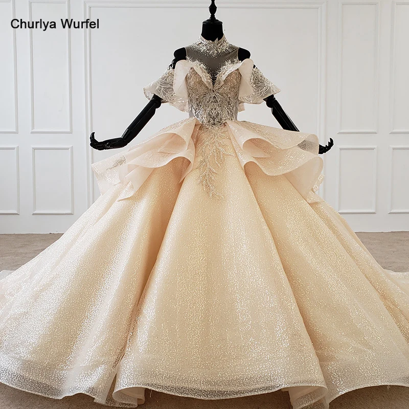 HTL1213 свадебное платье большого размера 2020 с высоким воротом Блестками Бисером и