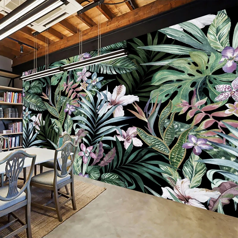 

Custom Photo Hand Painted European Style Pastoral Art Wall Painting Tropical Rainforest Banana Leaves Restaurant Mural Wallpaper