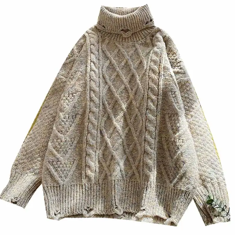 

Vintage Hole Knitted Turtleneck Women Sweater And Pullovers Solid Thicken Warm Female Pulls Outwear Coats Tops