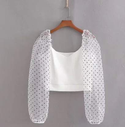 Белая блузка рубашка Женский Топ сморщенный шифон в горошек с пышными рукавами