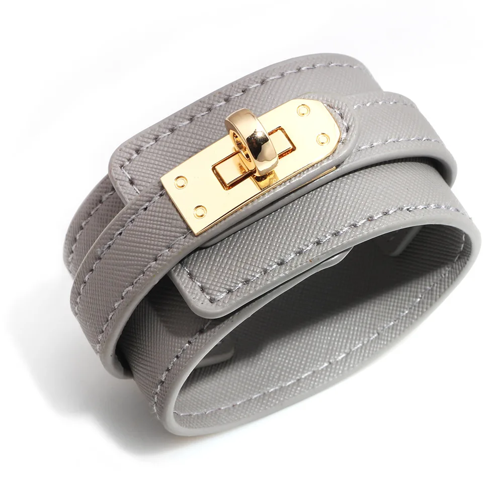 Style1 Gray Простой милый красный черный синий кожаный Браслет-манжета на запястье Женский широкий кожаный браслет для женщин - Окраска металла: Style1 Gray