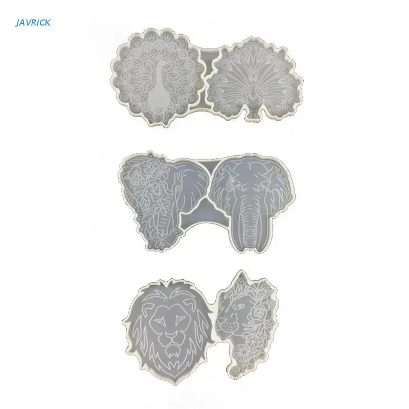 

X7XB 3 Pcs/Set Elephant Peacock Lion Coaster Epoxy Resin Mold Ornaments Cup Mat Silicone Mould DIY Crafts Home Decor Mold