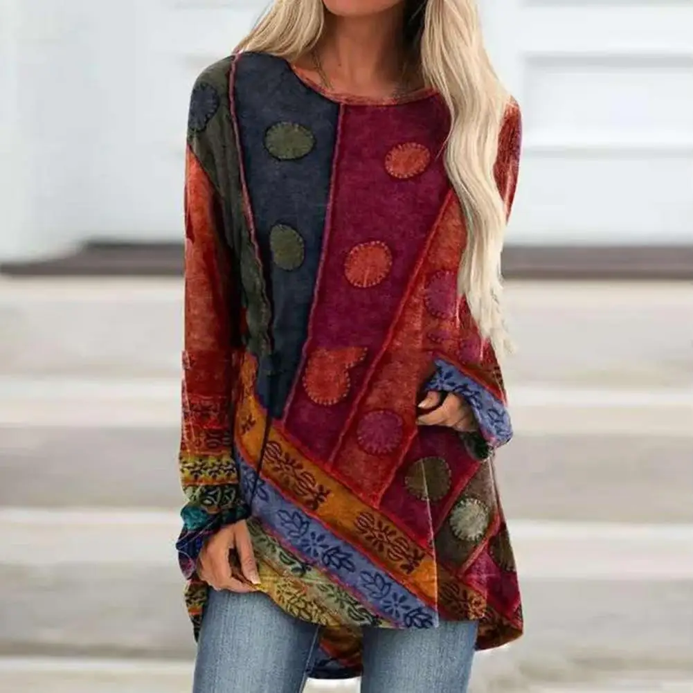 

Plus size Fashion Retro Women Autumn Long Sleeve Ethnic Print Patchwork Loose T-shirt blouses women casual Tops