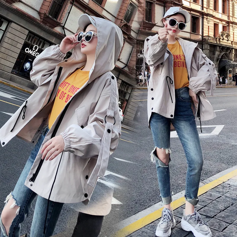 

Fashion Beige Windbreaker Women 2021 Spring Autumn New Korean Loose BF Tooling Hooded Red Trench Coat For Female