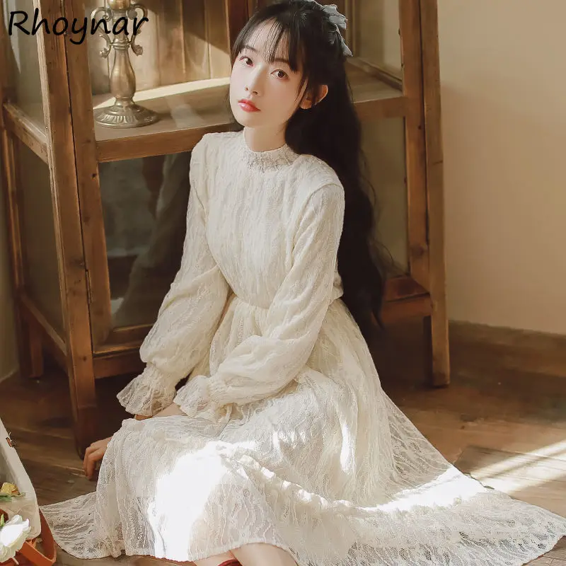 

Long Sleeve Dress Women Lace Autumn Solid A-LINE Mid-calf Half High Collar Cozy Tender Popular College Aesthetic Daily Chic