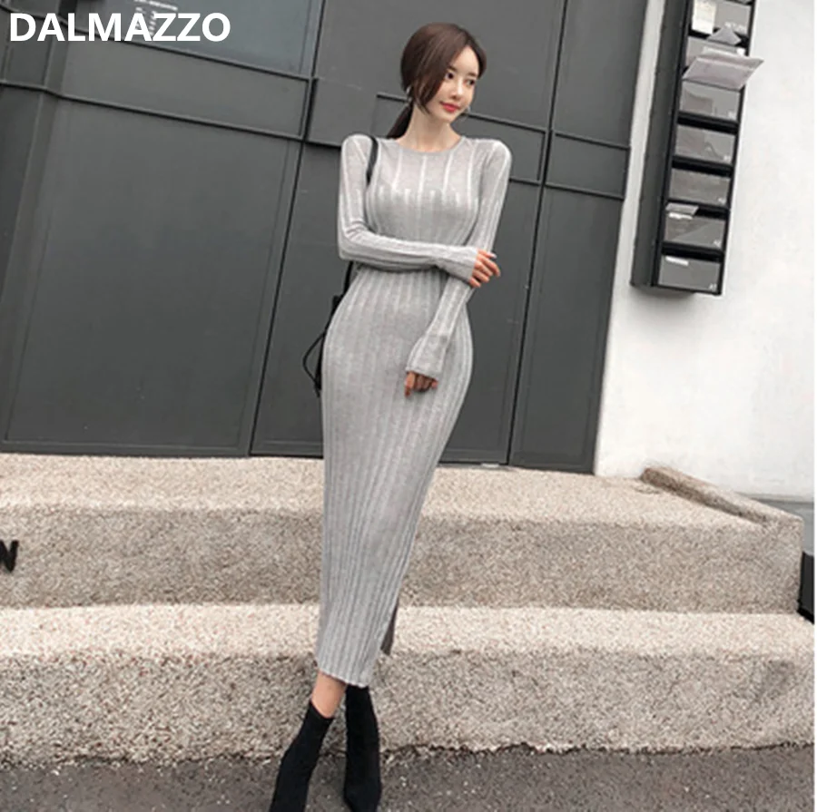 

2022 New Arrival Autumn Ladies Grey Long Sleeve Runway Knitted Split Sweater Dresses Women Korean Elastic Waist Long Dress Mujer