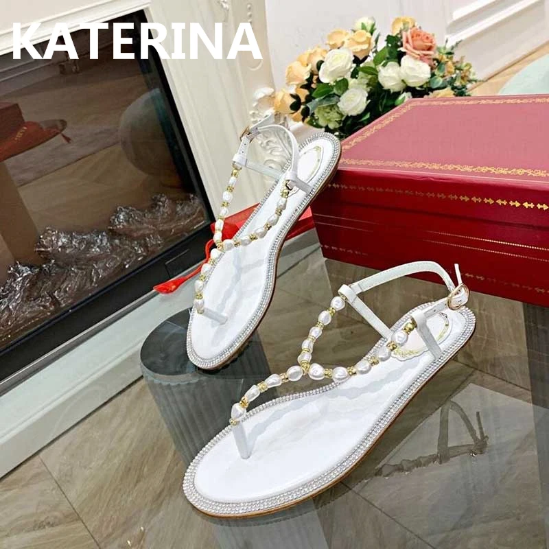 

34-41 Pearl Chain Flip Flops Women Slippers Casual Shoes Beach Slippers Flat Vacation Slides Shoes Women Sandals Genuine Leather