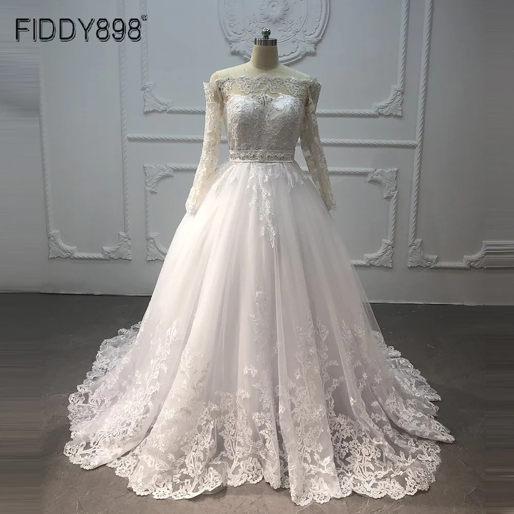

Off The Shoulder Long Sleeves Wedding Dresses 2021 New Custom-made Appliques Bridal Gown With Beaded Sash Long Tulle Bride Dress