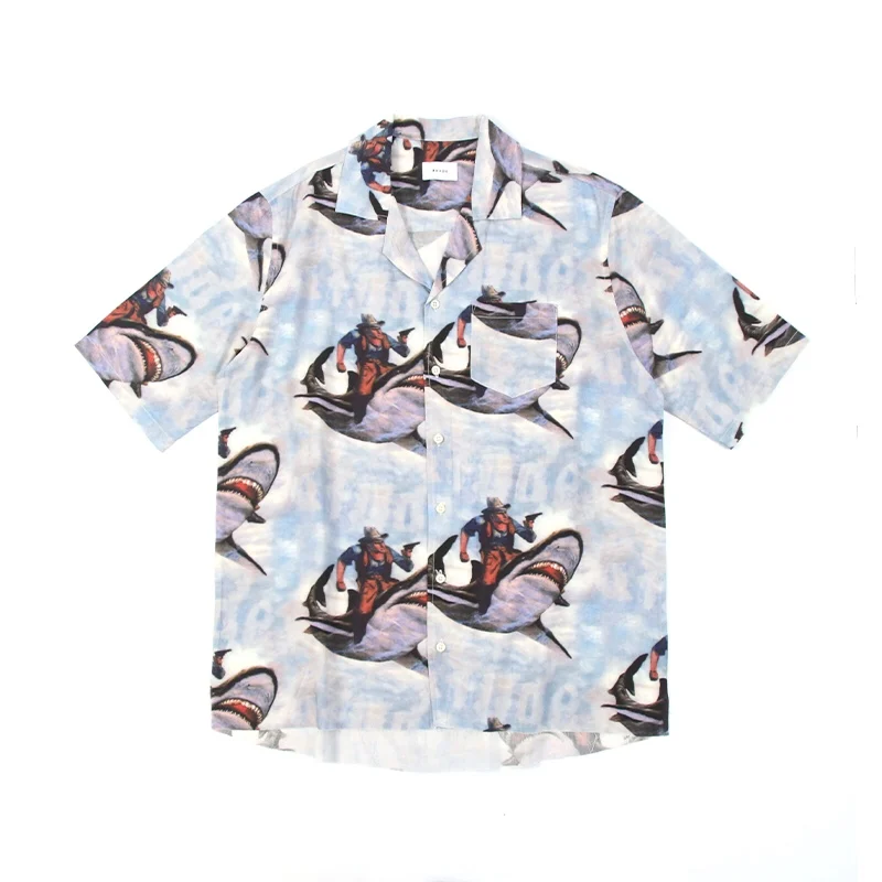 

Top Quality Rhude Tie-dye Shark Printed Women Men Casual Shirts Hiphop Men Streetwear Short Sleeve Cotton Beach Shirts Rhude