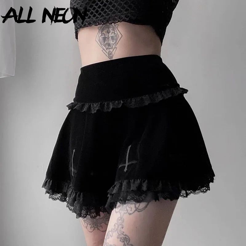 

ALLNeon Mall Goth High Waist Lace Trim Velvet Skirts E-girl Aesthetics Embroidery Black Pleated Skirt Y2K Fashion A-line Bottoms