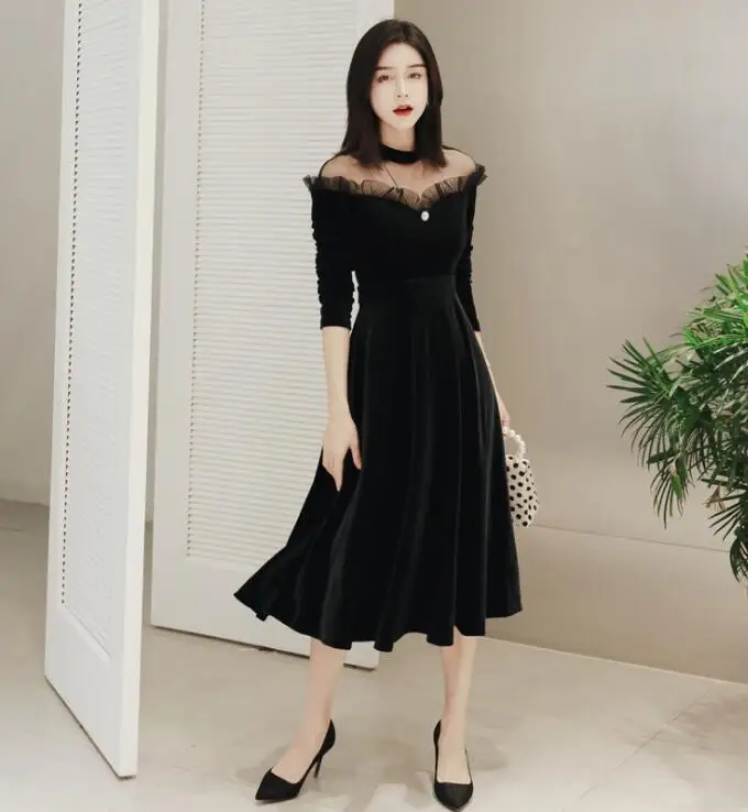 

Autumn Winter Women Swing Dress Stand Collar Mesh Patchwork Velevt Midi Dress Elegant Party Dress