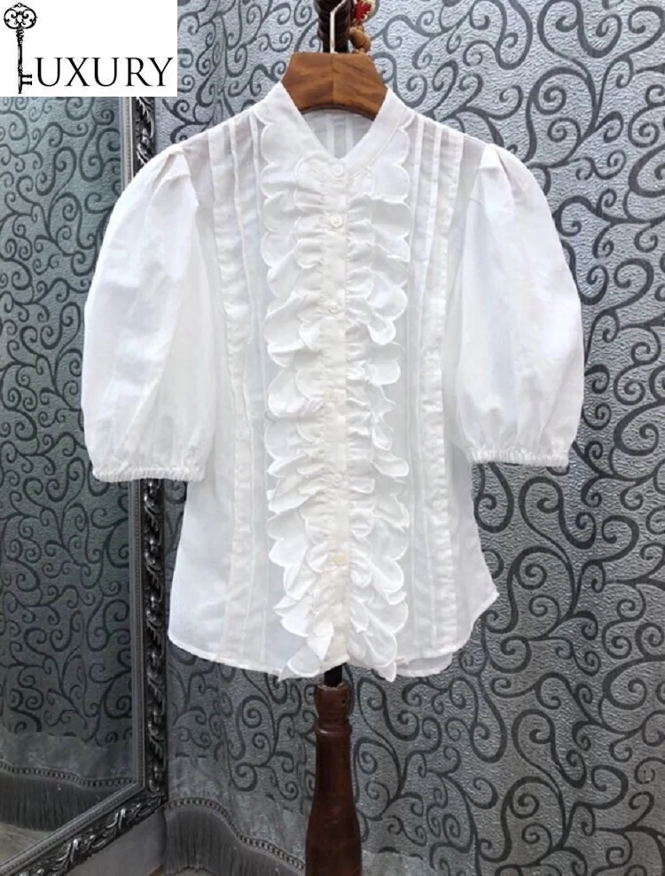 Cotton 2020 Autumn Fashion Linen Women Ruffle Patchwork Puff Sleeve Casual White Button Shirts Ladies Basic Tops Blouses