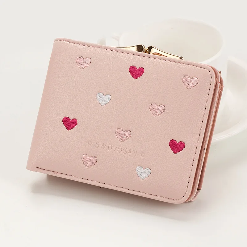 

Japanese Multi-function Women's Mini Wallet Candy Color Heart-shaped Embroidery Women Short Wallet Cute Coin Purse Card Package