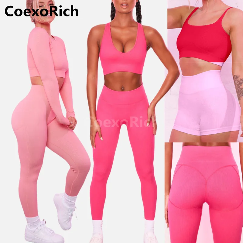 

2021 Gym Clothing Sports Bra Workout Set Women Yoga Suit Seamless Long Sleeve Crop Top Scrunch Butt Fitness Leggings Yoga Shorts