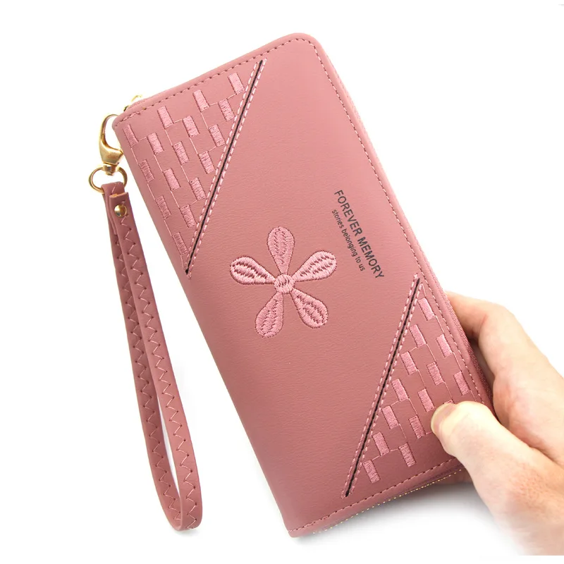 

Women Long Zipper Flower Embroidery Wallets Female Pu Leather Wristband Letter Printing coin Purses Ladies Large Capacity Cards
