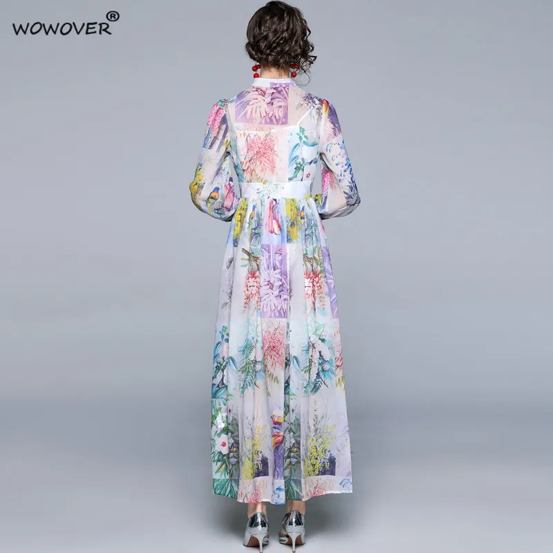 

Runway Fashion Spring Print Chiffon Long Dress Bohemian Style Women Robe Femme Elegant Designers Vacation Party Vestidos