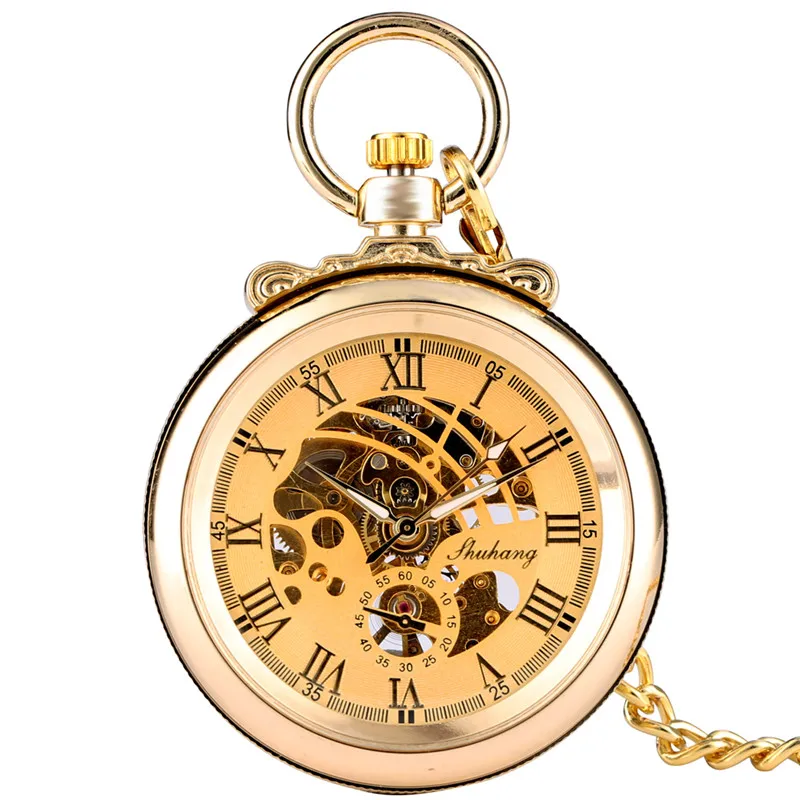 Antique Gold Men Women Hand-Wind Mechanical Pocket Watch Open Face Luminous Hands Roman Number Dial Pendant Chain Clock Gift