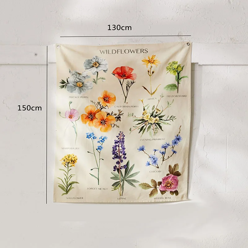 

150x130cm Wildflower Tapestry Wall Hanging Flower Reference Chart Hippie Bohemian Tapestries Colorful Psychedelic INS Home Decor