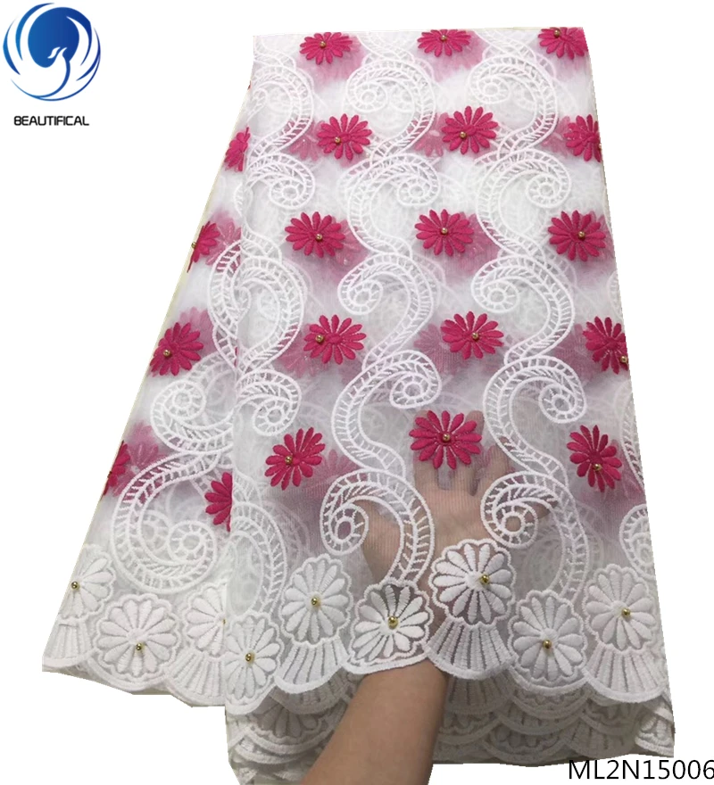 Красивая сетчатая кружевная ткань французская Тюлевая с бусинами белая