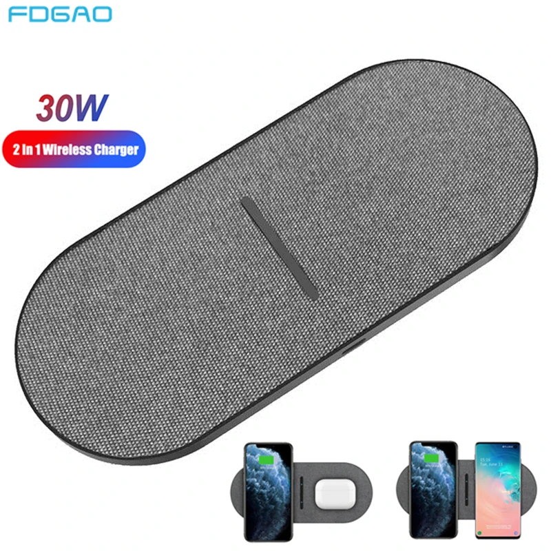 fdgao 30w 2 in 1 qi dual seat wireless charger for iphone 13 12 11 xs xr x 8 airpods pro samsung s21 s20 s10 fast charging pad free global shipping