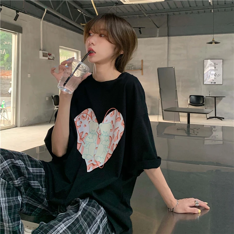 

YTX1214 2021 new Korean version loose western style wild fun loving bear print round neck short sleeve T-shirt