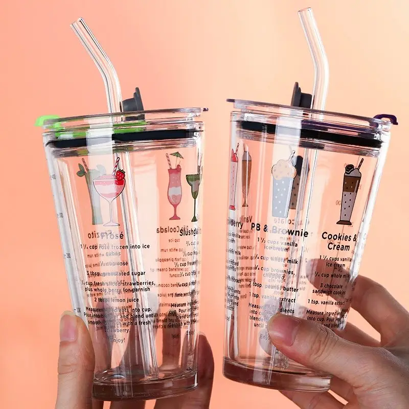 

Glass Straw Set 450ml Travel Glass Mug Coffee Cup Heat-Resistant Glass Scale Cup Car Water Milk Cup Insulation Non-slip Cover