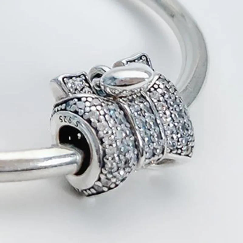 

100% 925 Sterling Silver Bead Silver Sparkle With Crystal Bow Beads Fit Pandora Women Bracelet & Necklace Diy Jewelry