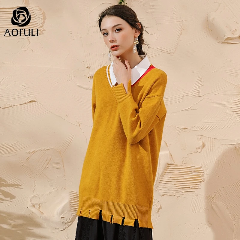 L- 4XL 5XL Chic Plus Size Women Knitted Sweaters Batwing Long Sleeve Pullover V-neck Knit Tops Casual Knitwear AOFULI A4110 | Женская