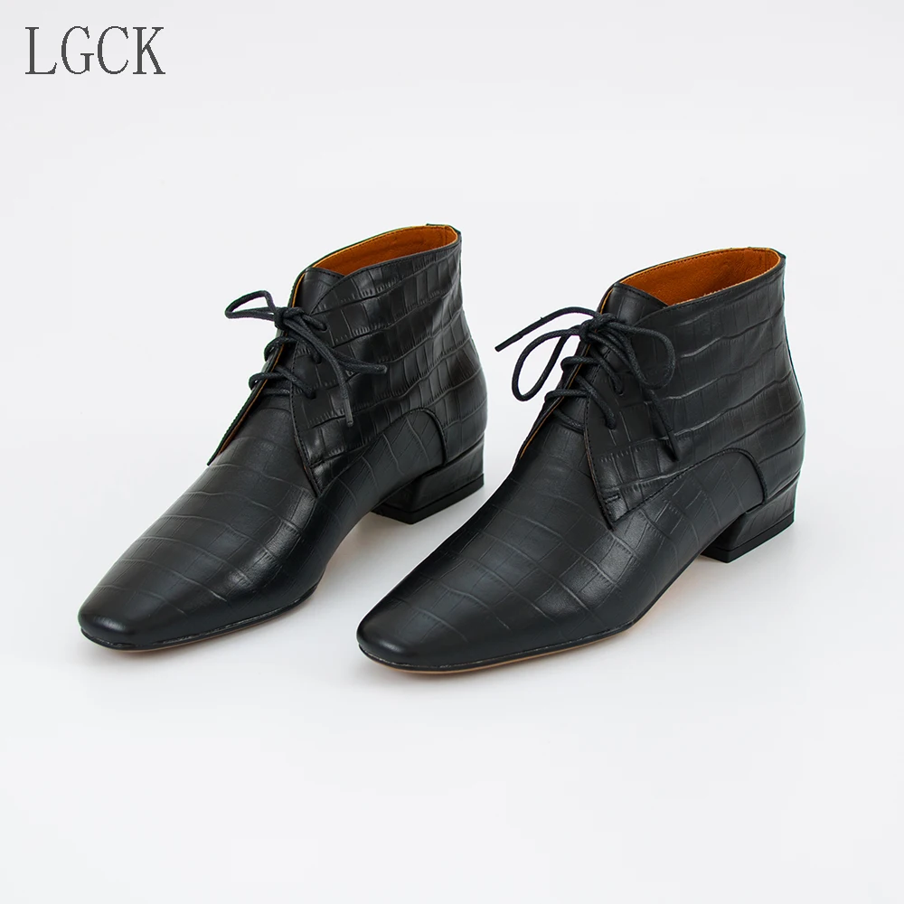 Harga Ukuran 34-43 Kulit Asli Wanita Sepatu Renda-Up Fashion Sepatu Kasual Timbul Kulit Rendah Sepatu Hak Tinggi ANKLE BOOT Zapatos Mujer