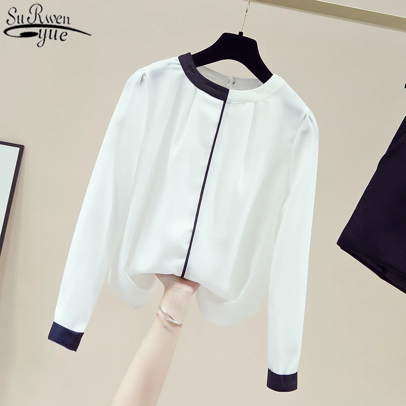 

Korean Women's Chiffon Blouse Office Lady Style Fashion Women Blouse Slim Stand Collar White Long Sleeve Women's Shirt 11174