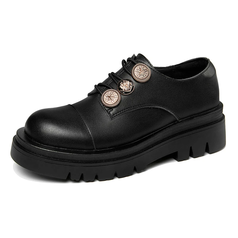 

Platform Loafers Women Genuine Cow Leather Round Toe Casual Flats Metal Button Slip On Female Shoes Handmade Size 41 42 43