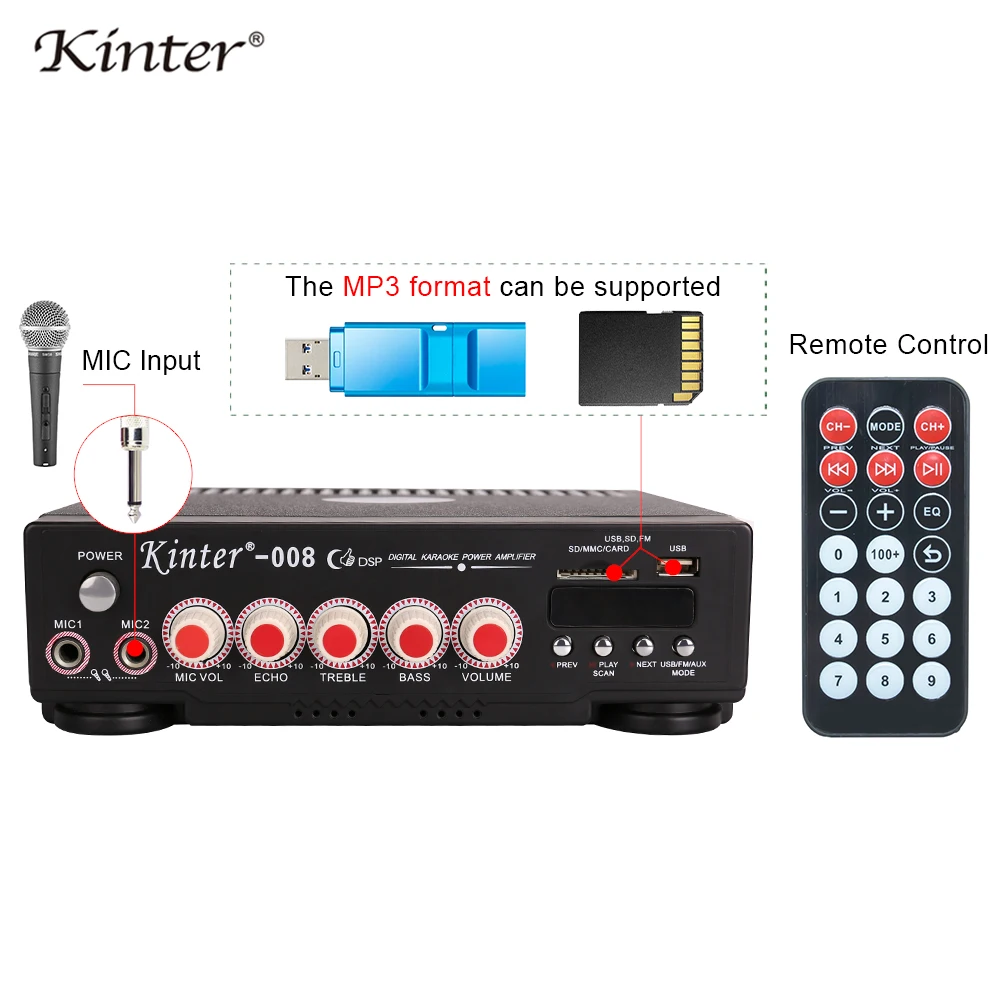 Kinter-008 Hi-Fi стерео усилитель звука с USB SD 2MIC вход fm-радио Регулировка громкости микрофона и эхо контроль низких частот