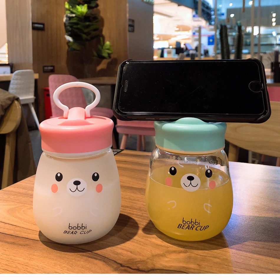 Kawaii стеклянная бутылка для воды, портативная чашка с милым медведем, чайное ситечко, герметичная Питьевая Бутылка для девочек, студентов, детей