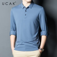 ucak brand new fashion solid color casual silk t shirt men clothes spring autumn streetwear turn down collar tshirt homme u5362